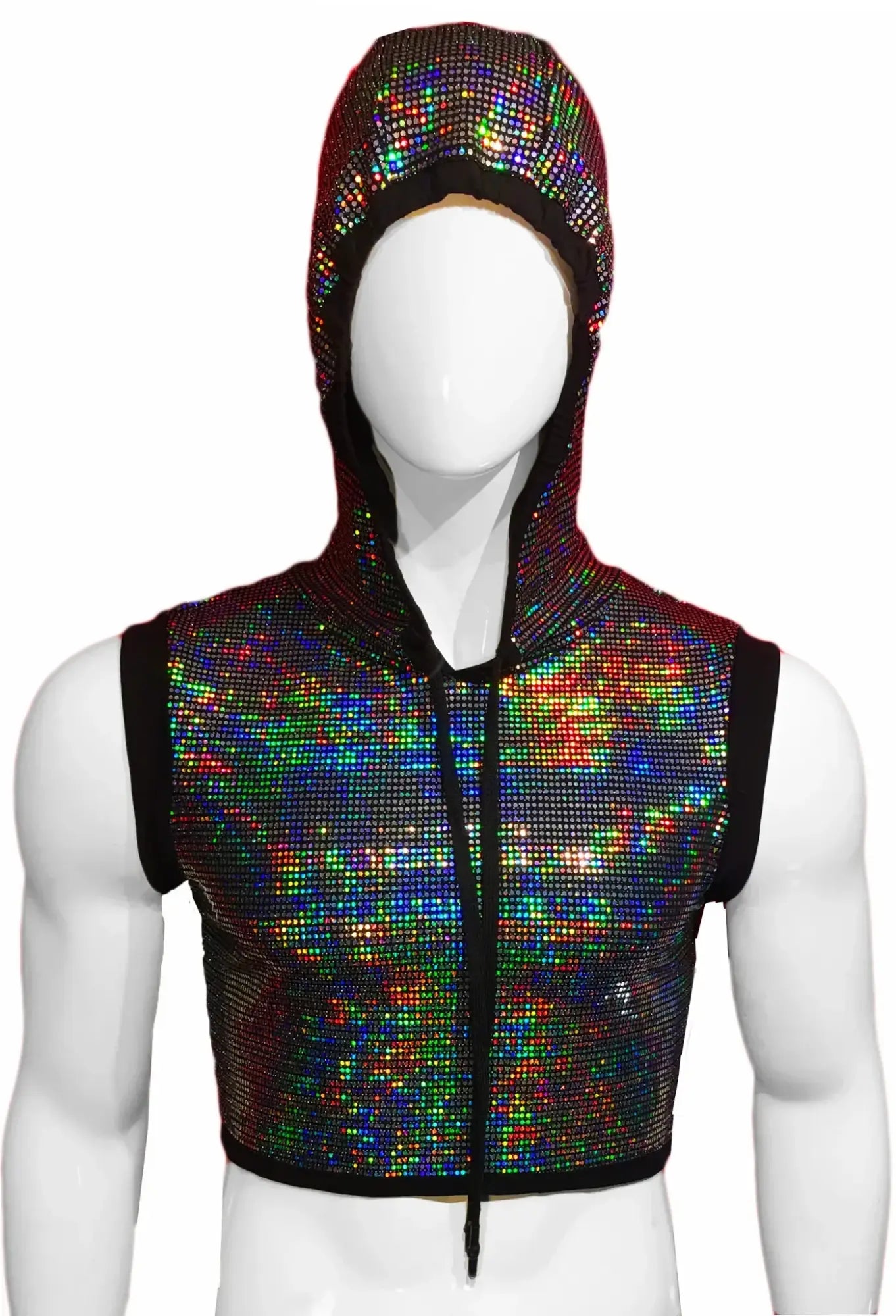 Flat sequin hooded crop top with sleeveless iridescent sequin fabric and black trim front zipper and hood