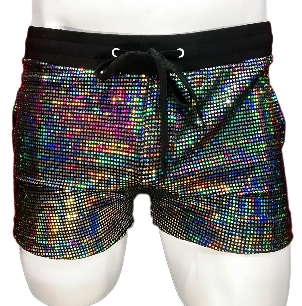 Iridescent rhinestone flat sequin shorts with a black elastic waistband and drawstring for stylish wear