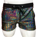 Iridescent rhinestone flat sequin shorts with a black elastic waistband and drawstring for stylish wear