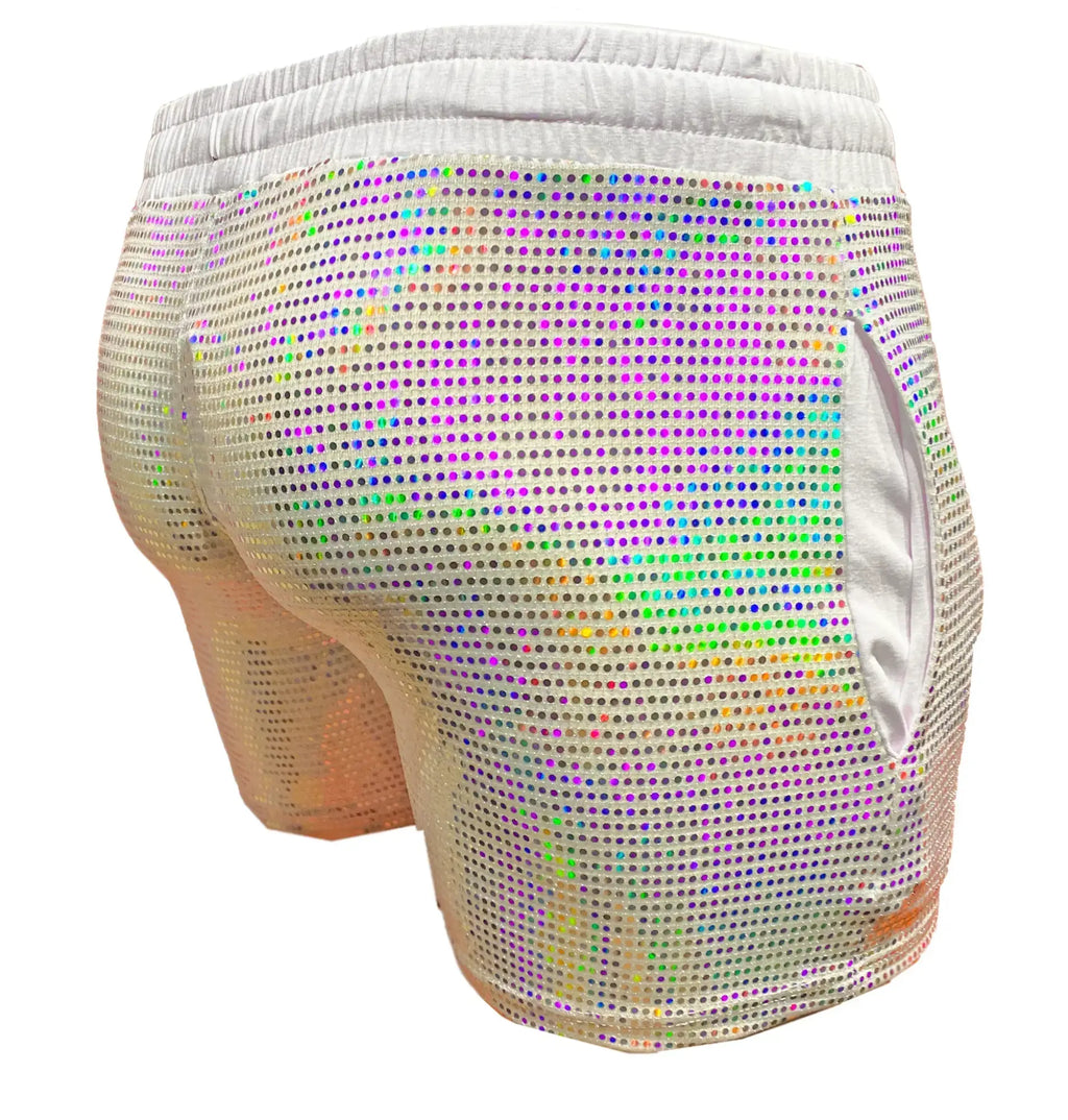 Iridescent flat sequin shorts with mesh base and elastic waistband for stylish and comfortable wear