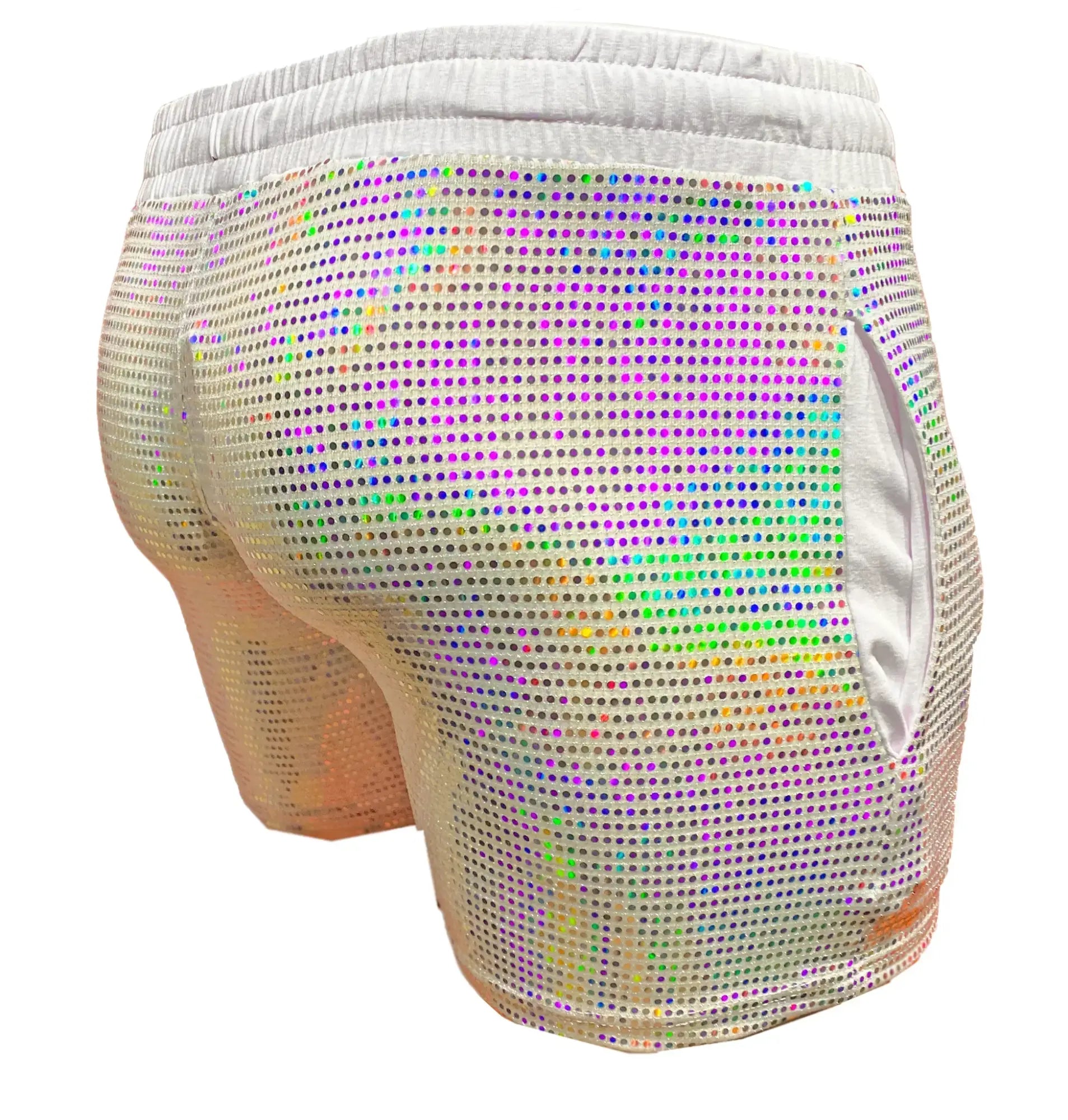 Iridescent flat sequin shorts with mesh base and elastic waistband for stylish and comfortable wear