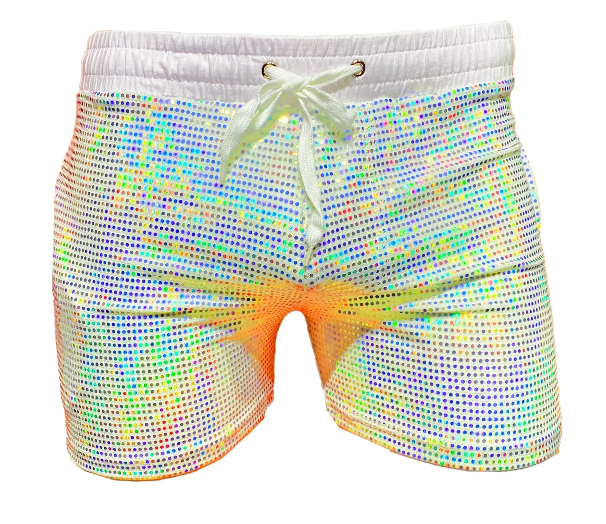Flat sequin short iridescent sequined swim shorts with white elastic waistband and matching drawstring