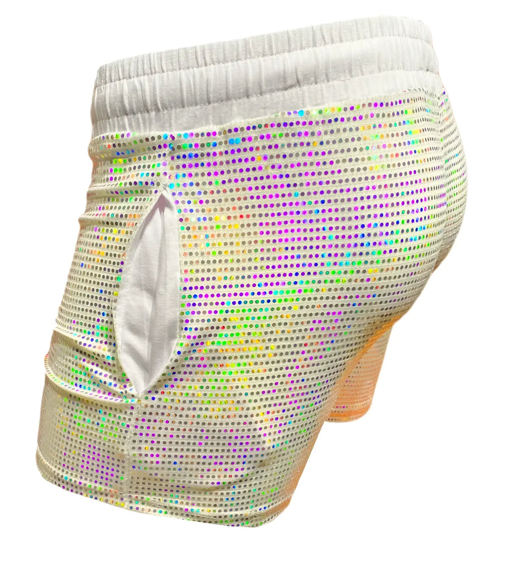 Flat sequin short featuring shiny iridescent sequins with a white elastic waistband and a small front pocket