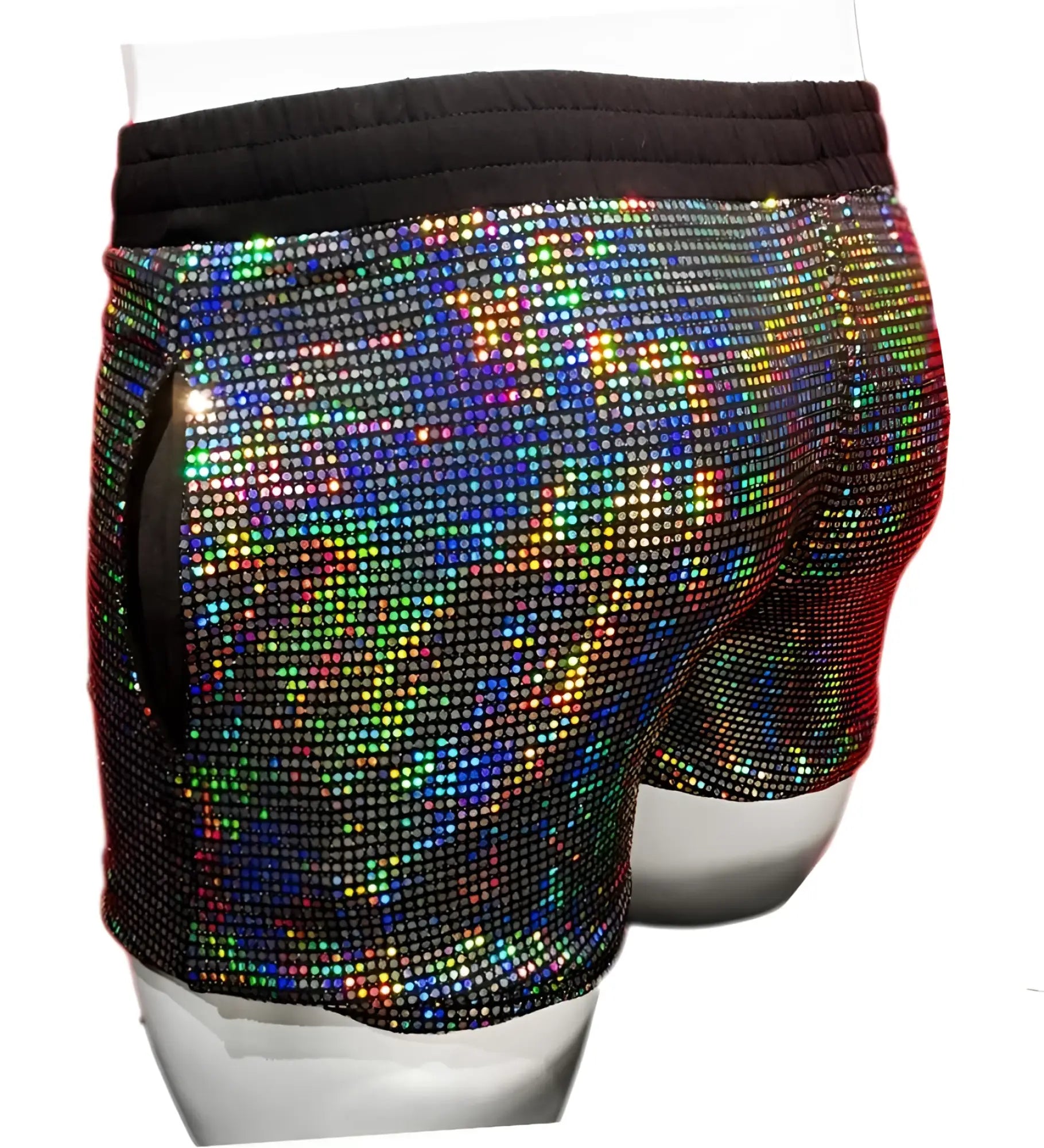 Shiny flat sequin shorts with rainbow hues and a black elastic waistband for vibrant festive wear