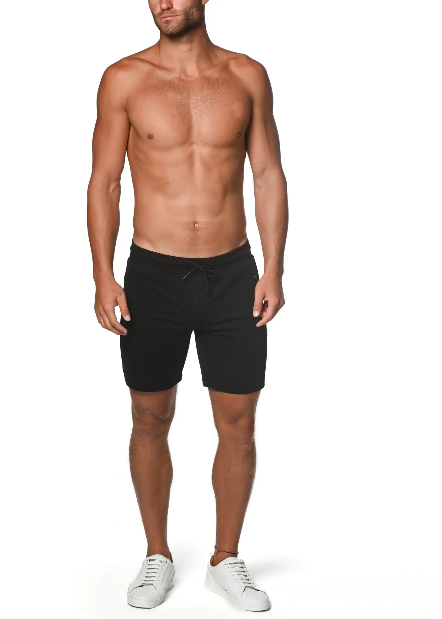 Black fleece flex-cotton stretch shorts with drawstring waistband for comfortable casual wear