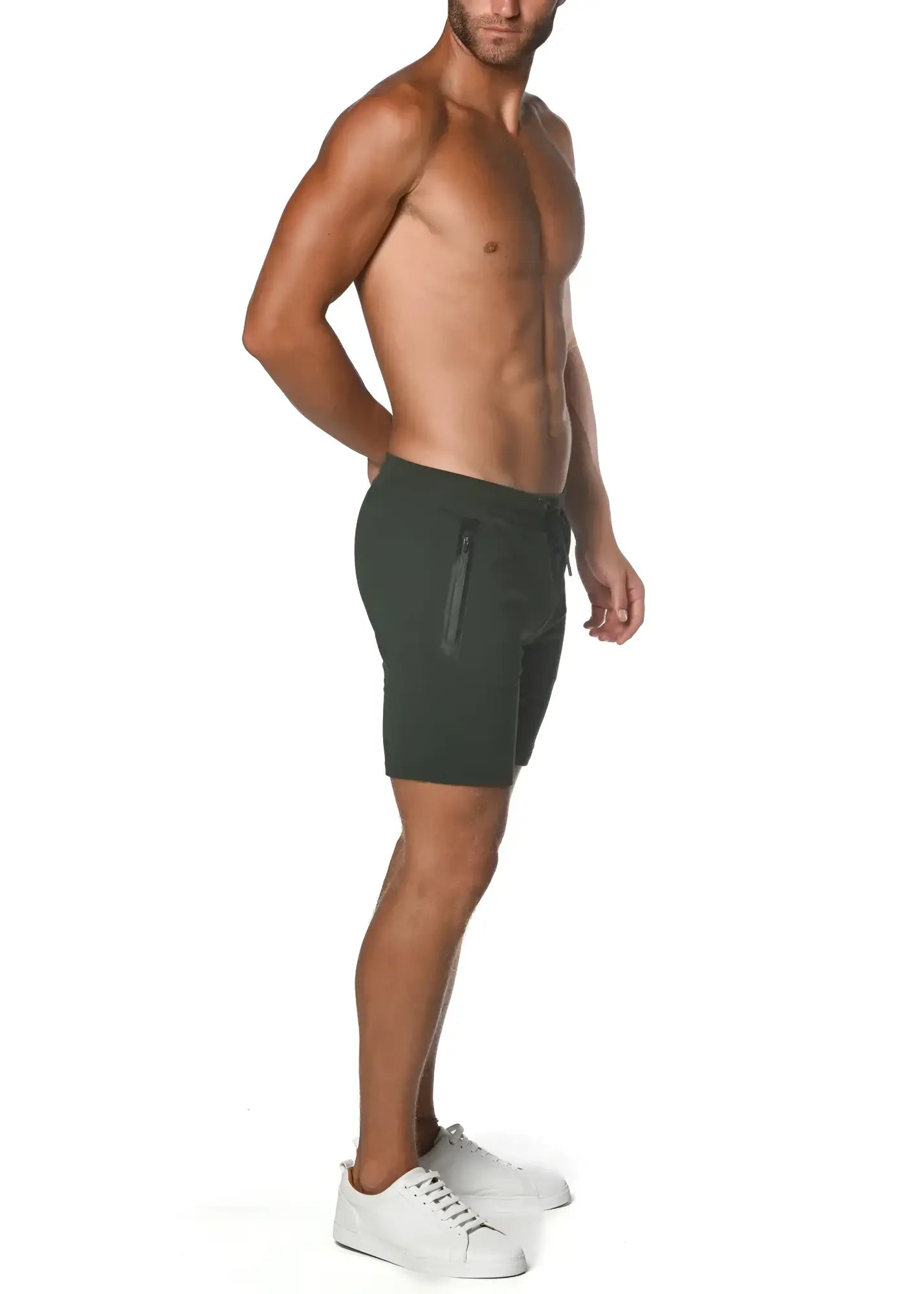 Dark green fleece flex-cotton stretch shorts with zippered side pocket and modern athletic design