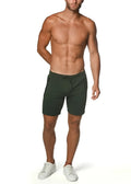 Dark green fleece flex-cotton stretch athletic shorts with drawstring waistband and side pockets for active wear