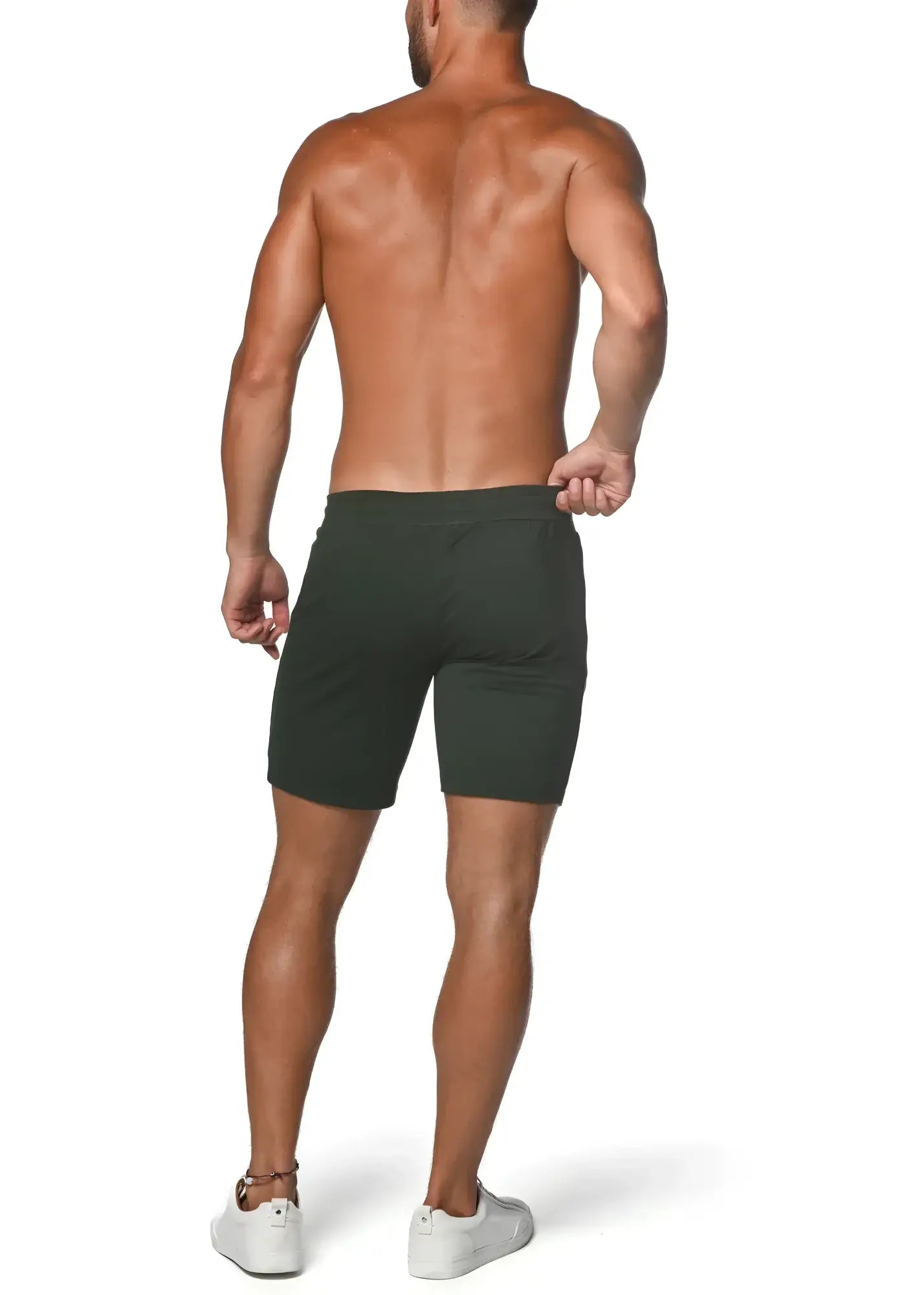 Dark green fleece flex-cotton stretch shorts in slim-fit design with a modern clean look for men