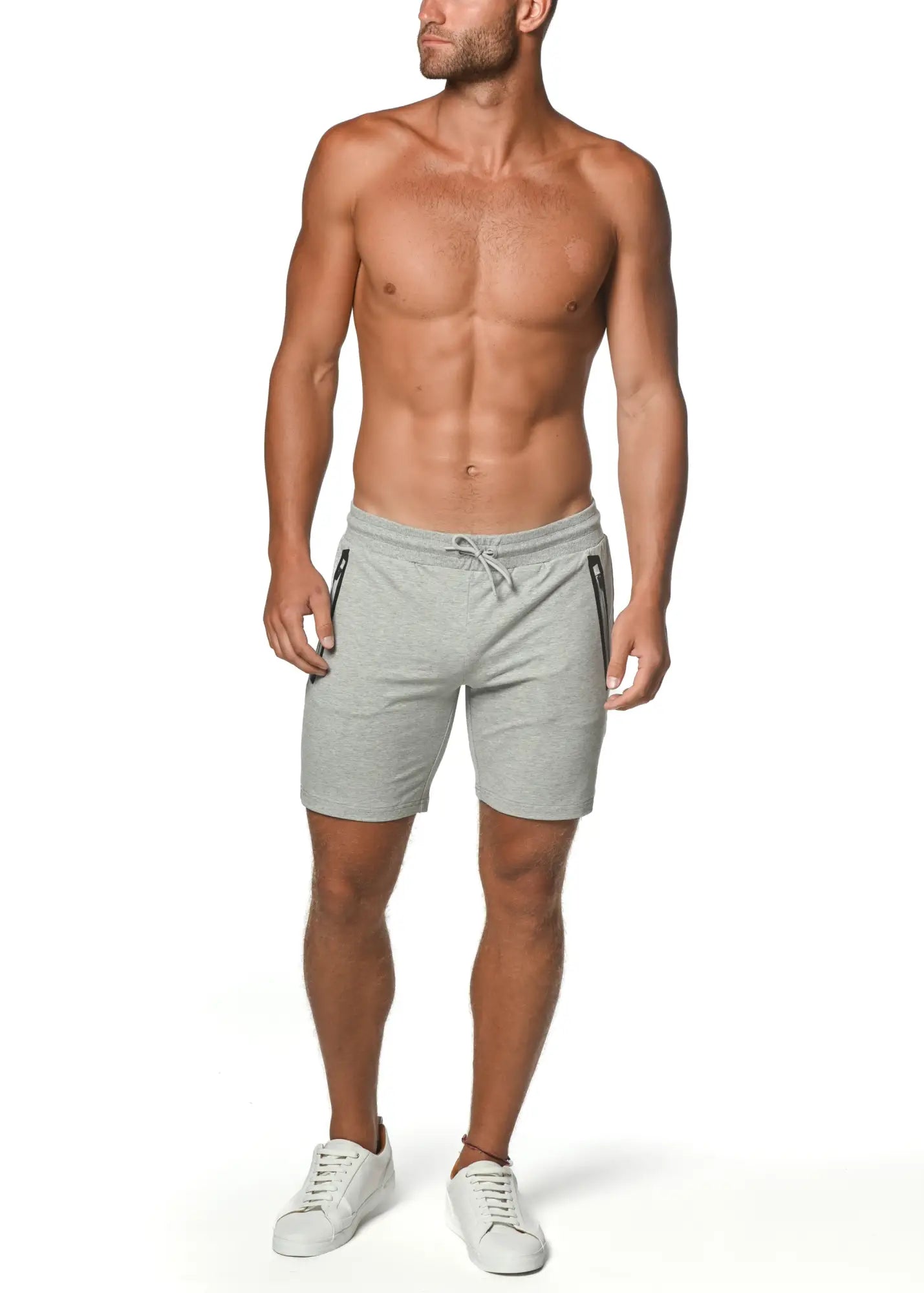 Gray fleece flex-cotton stretch shorts with black zipper accents and drawstring waistband for athletic use