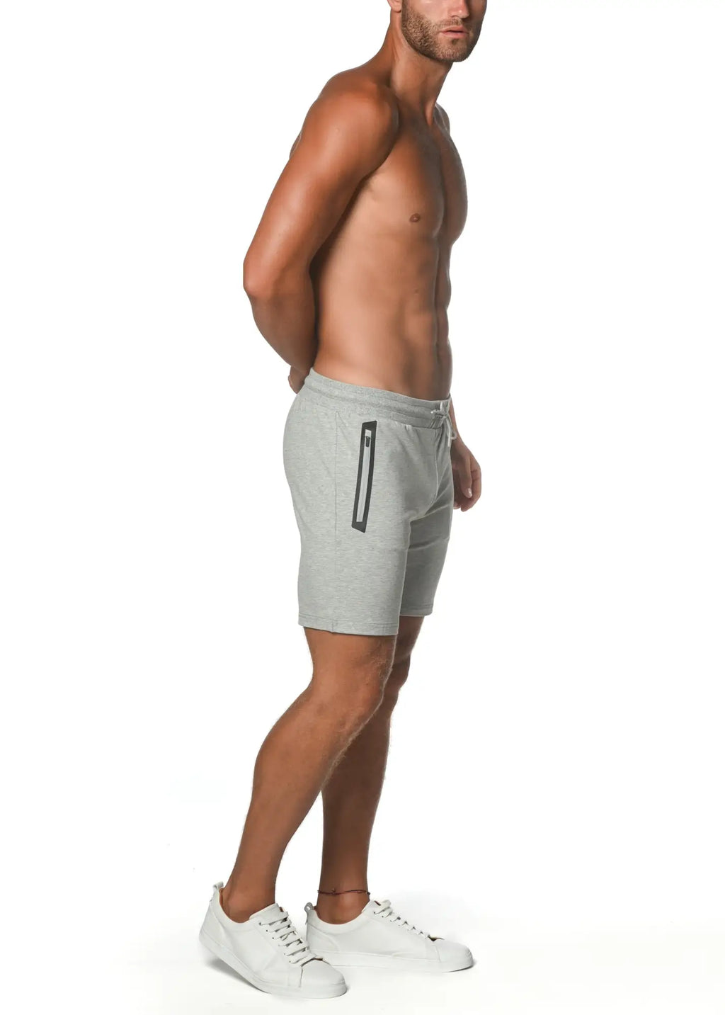 Gray fleece flex-cotton stretch athletic shorts with a black side zipper pocket for secure storage