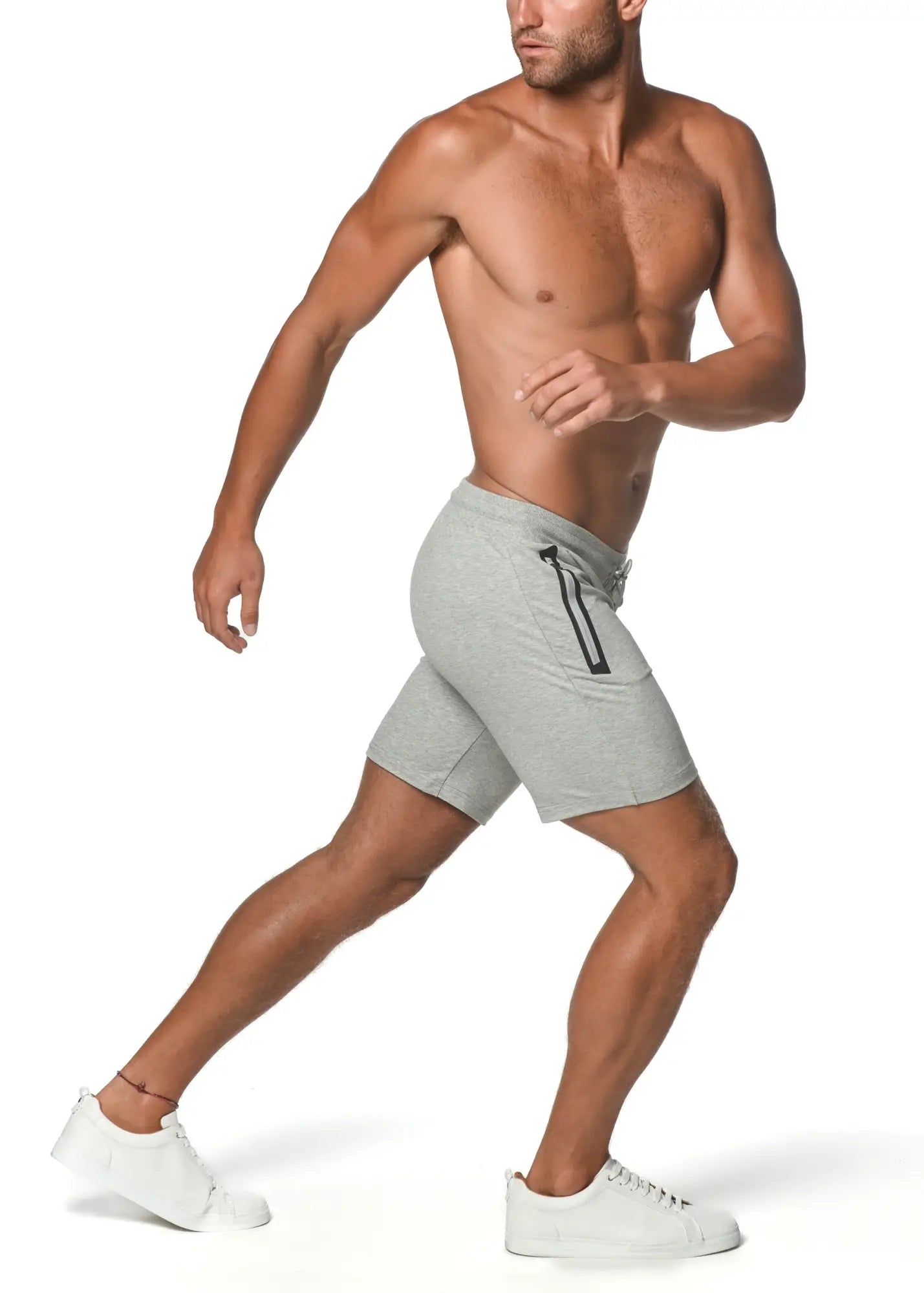 Gray fleece flex-cotton stretch athletic shorts with black zipper pocket on the side