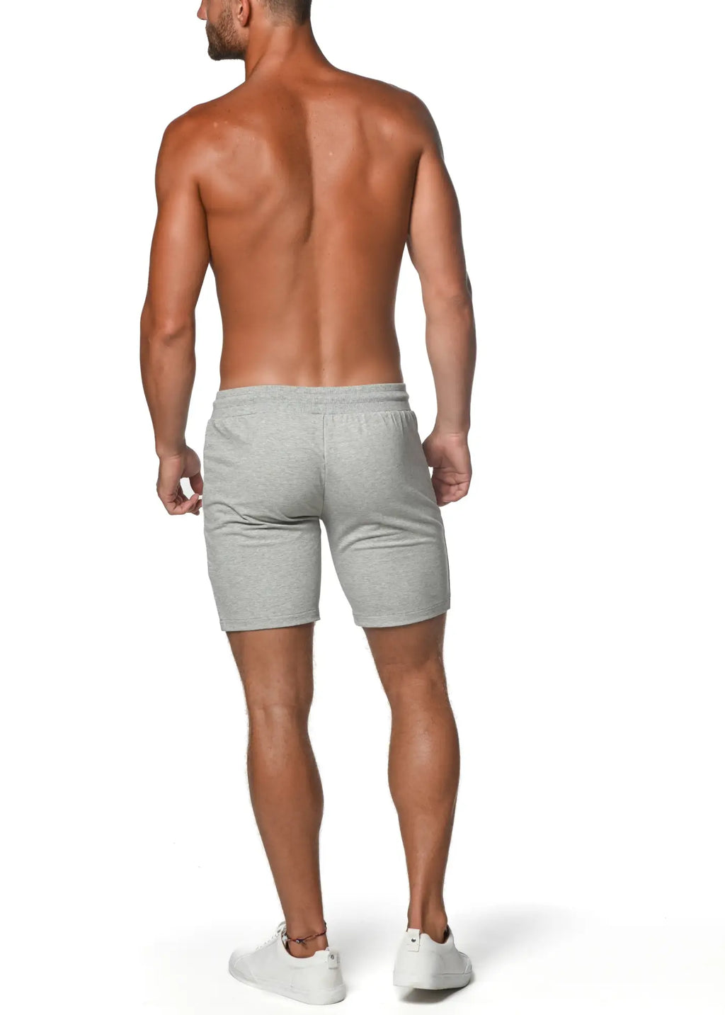 Gray heathered fleece flex-cotton stretch jogger shorts with relaxed fit and elastic waistband