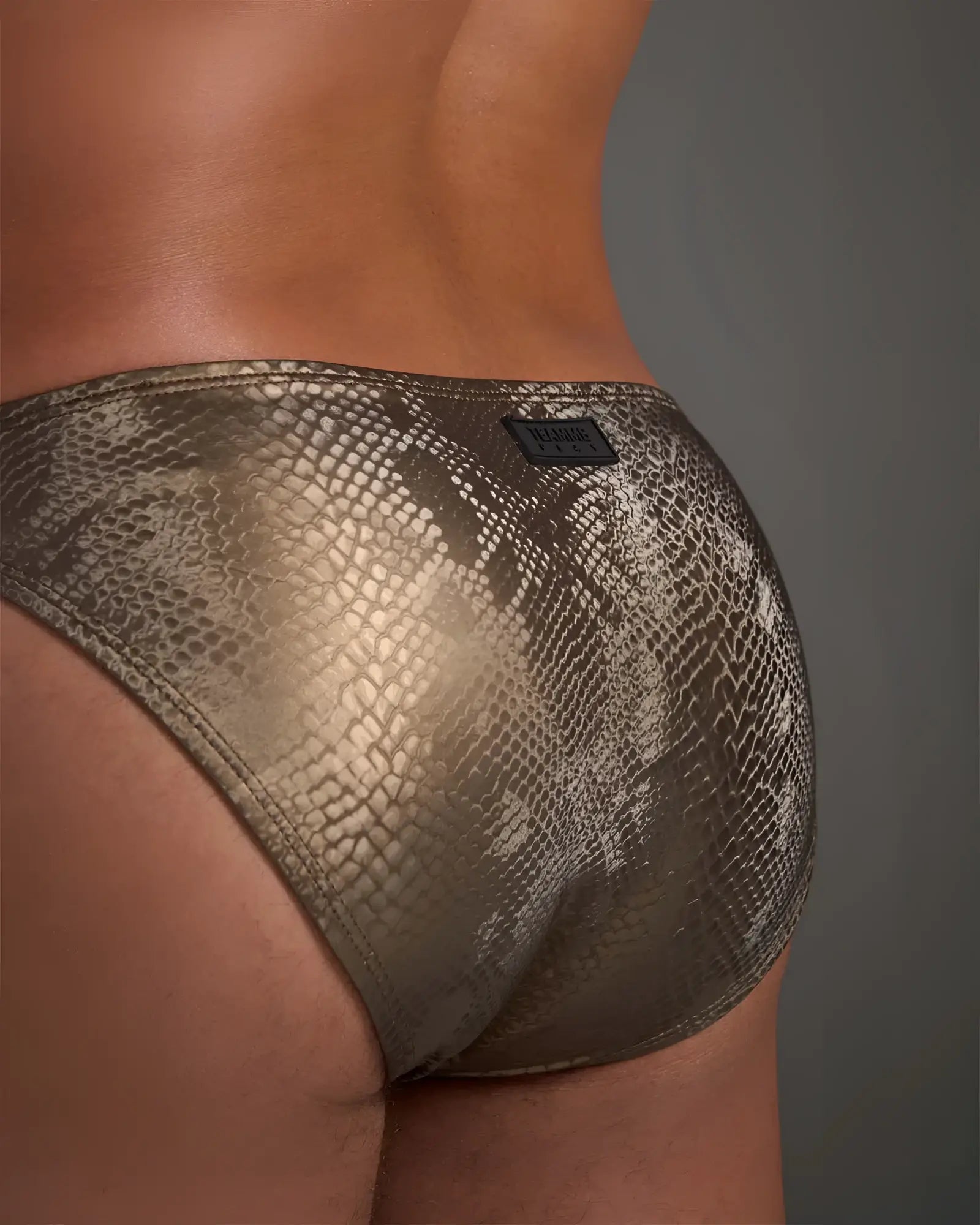 Metallic gold snake-skin patterned men’s briefs flex brief with a sleek texture and comfortable fit