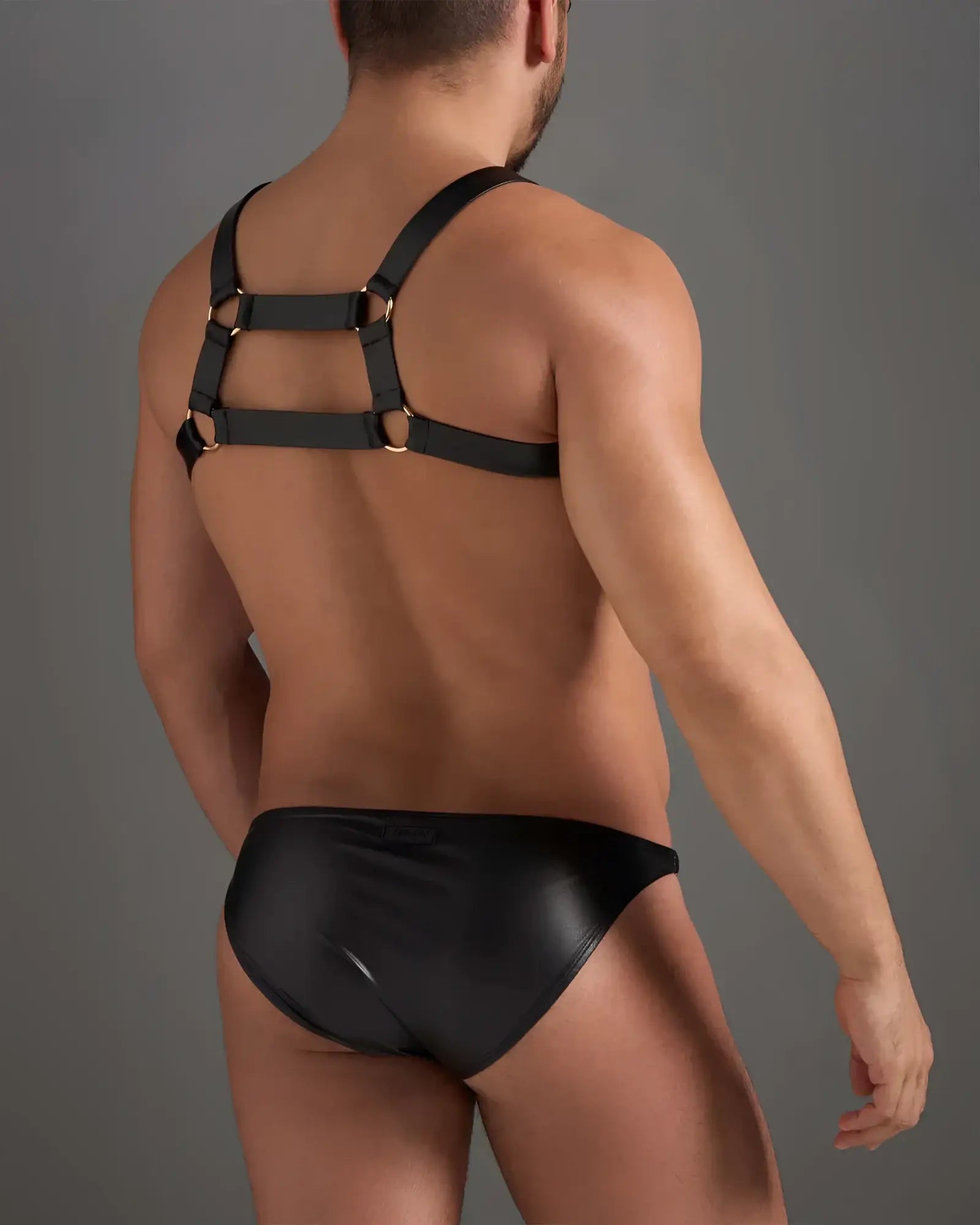 Black leather flex harness with gold metal rings worn over matching black patent leather brief front view
