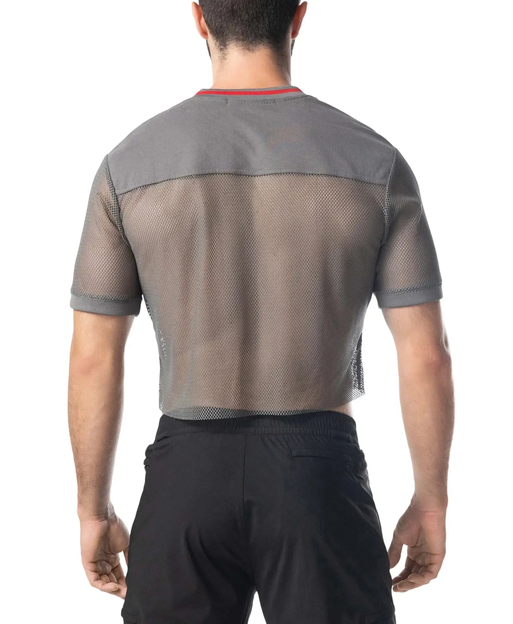 Gray mesh short-sleeved athletic flex jersey with red trim at the neckline designed for active wear
