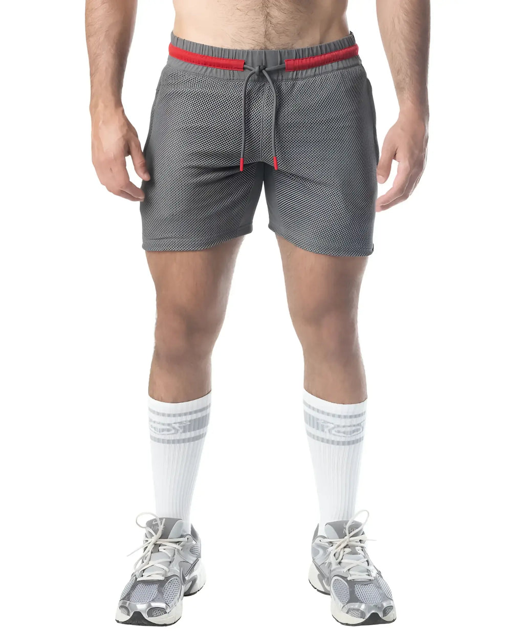 Flex rugby short gray mesh athletic shorts with red waistband and matching drawstring for active wear