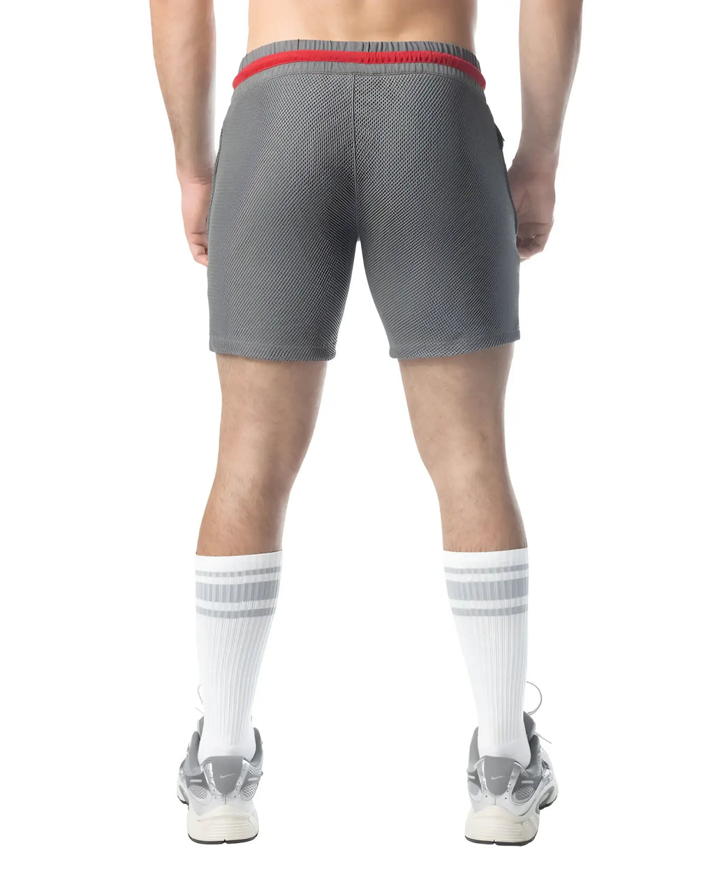 Gray mesh flex rugby shorts with red elastic waistband designed for athletic performance and comfort