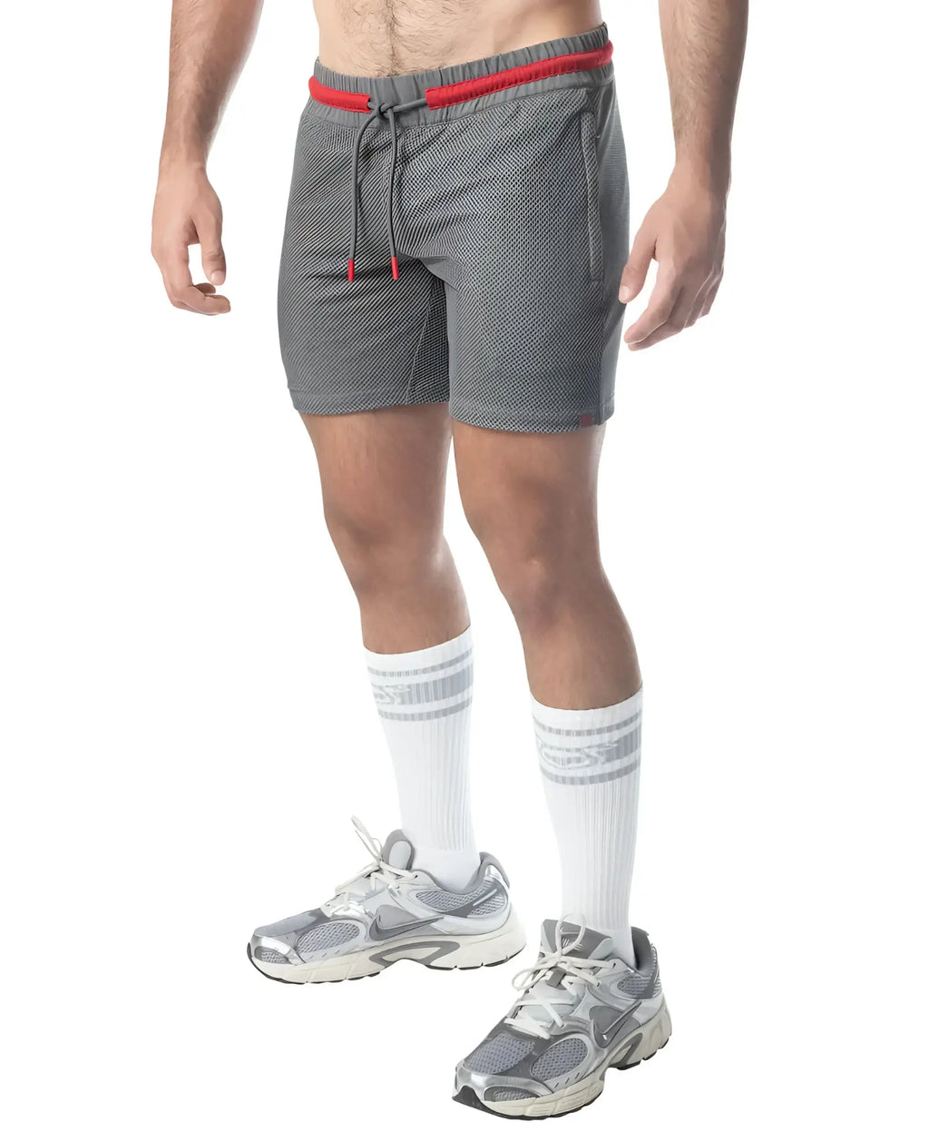 Flex rugby short gray mesh with red elastic waistband and matching drawstring for athletic performance