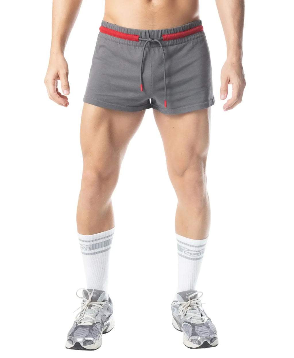 Gray flex trunk short athletic shorts with red elastic waistband and matching drawstring for active wear