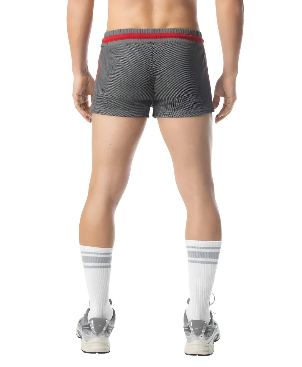 Gray flex trunk short athletic shorts with red elastic waistband and subtle side stripes for active wear