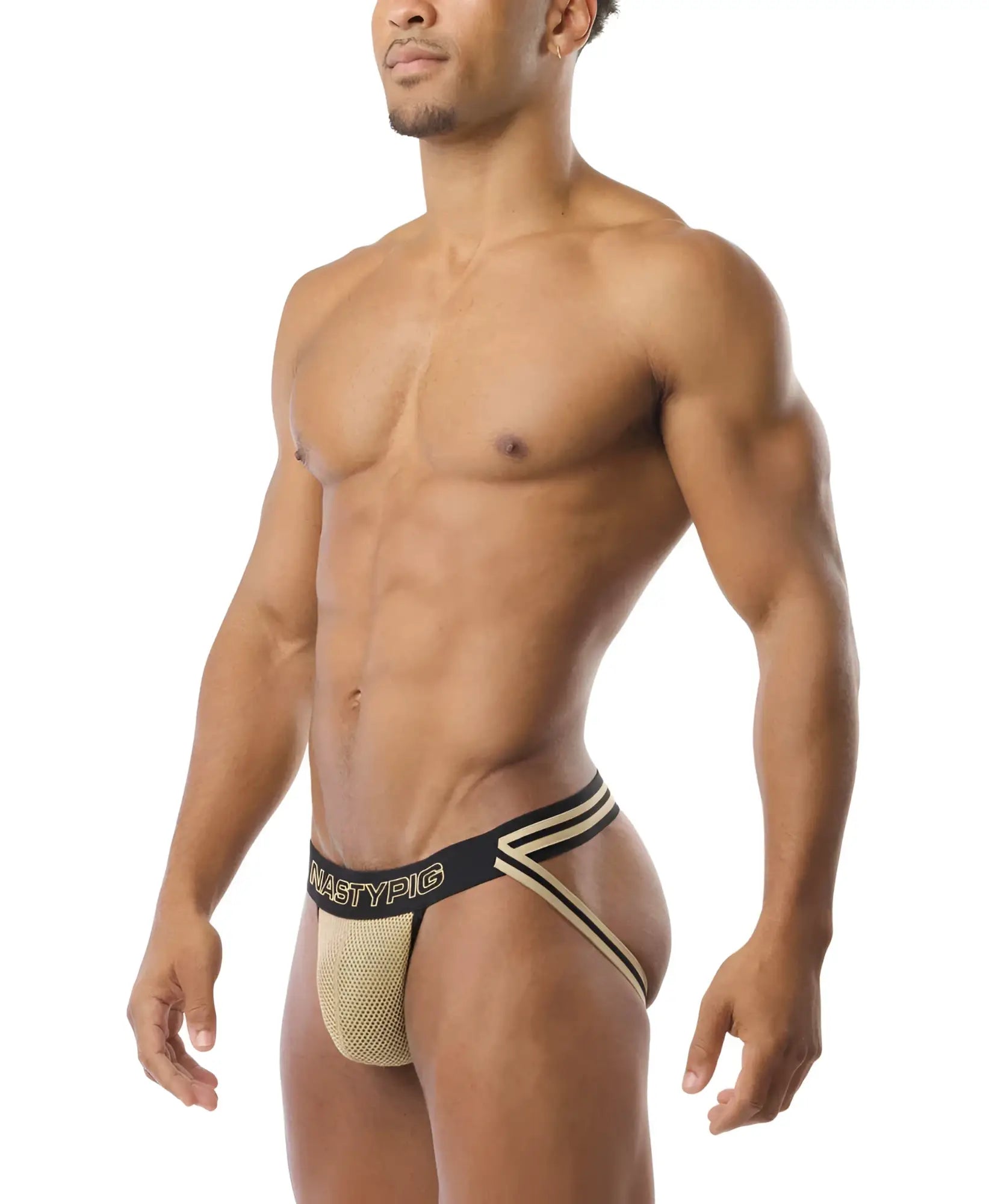 Beige mesh Flip It jockstrap briefs with black elastic waistband gold trim and mastypic brand name visible