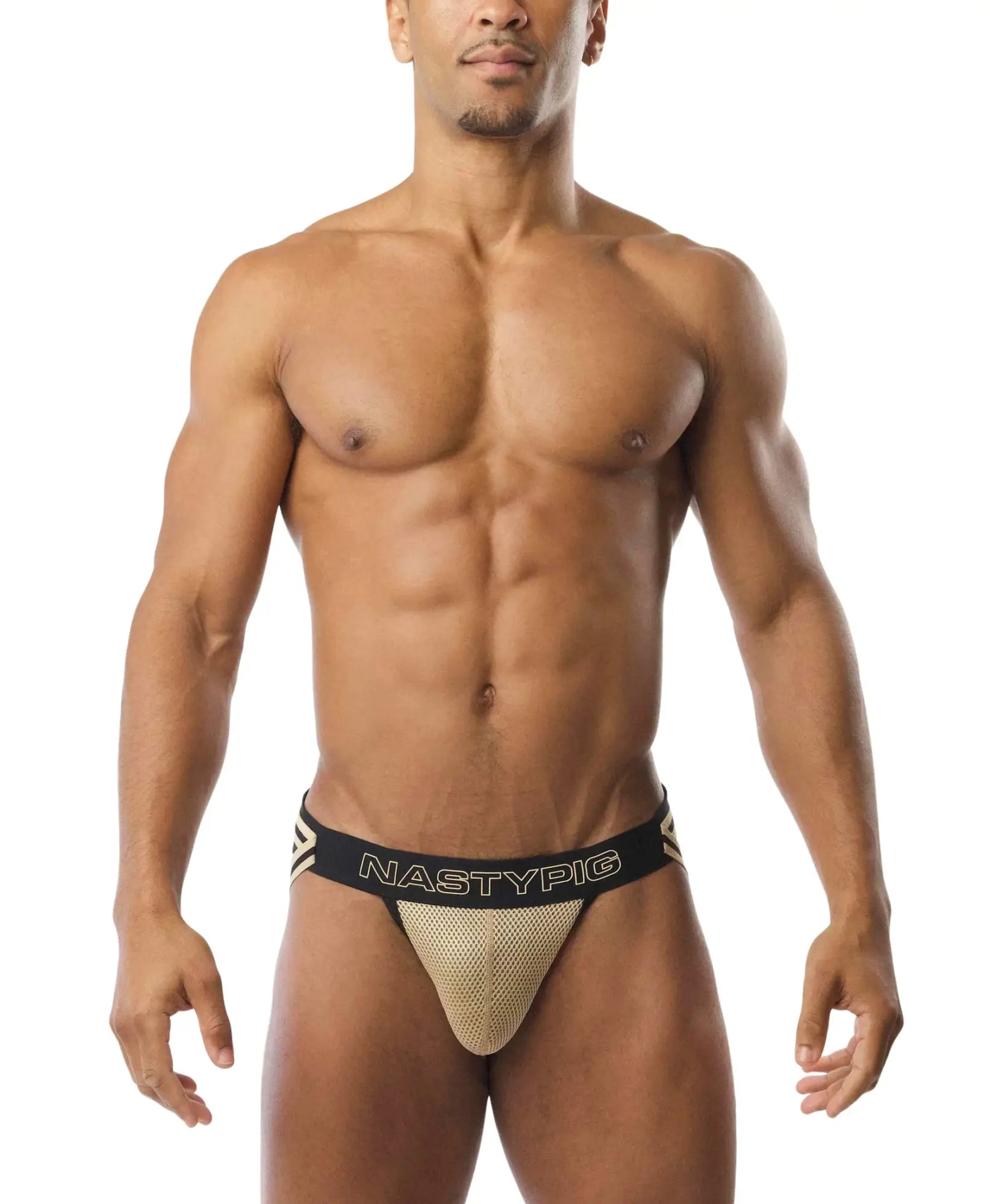 Gold mesh briefs with black waistband and nastypig branding from the flip it jockstrap collection