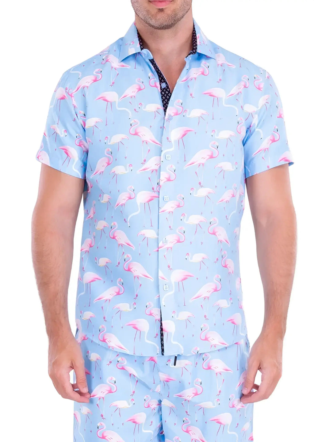 Light blue short-sleeved button-up flocktail hour s s shirt with pink flamingo pattern made from lightweight fabric