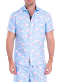 Light blue short-sleeved button-up flocktail hour s s shirt with pink flamingo pattern made from lightweight fabric