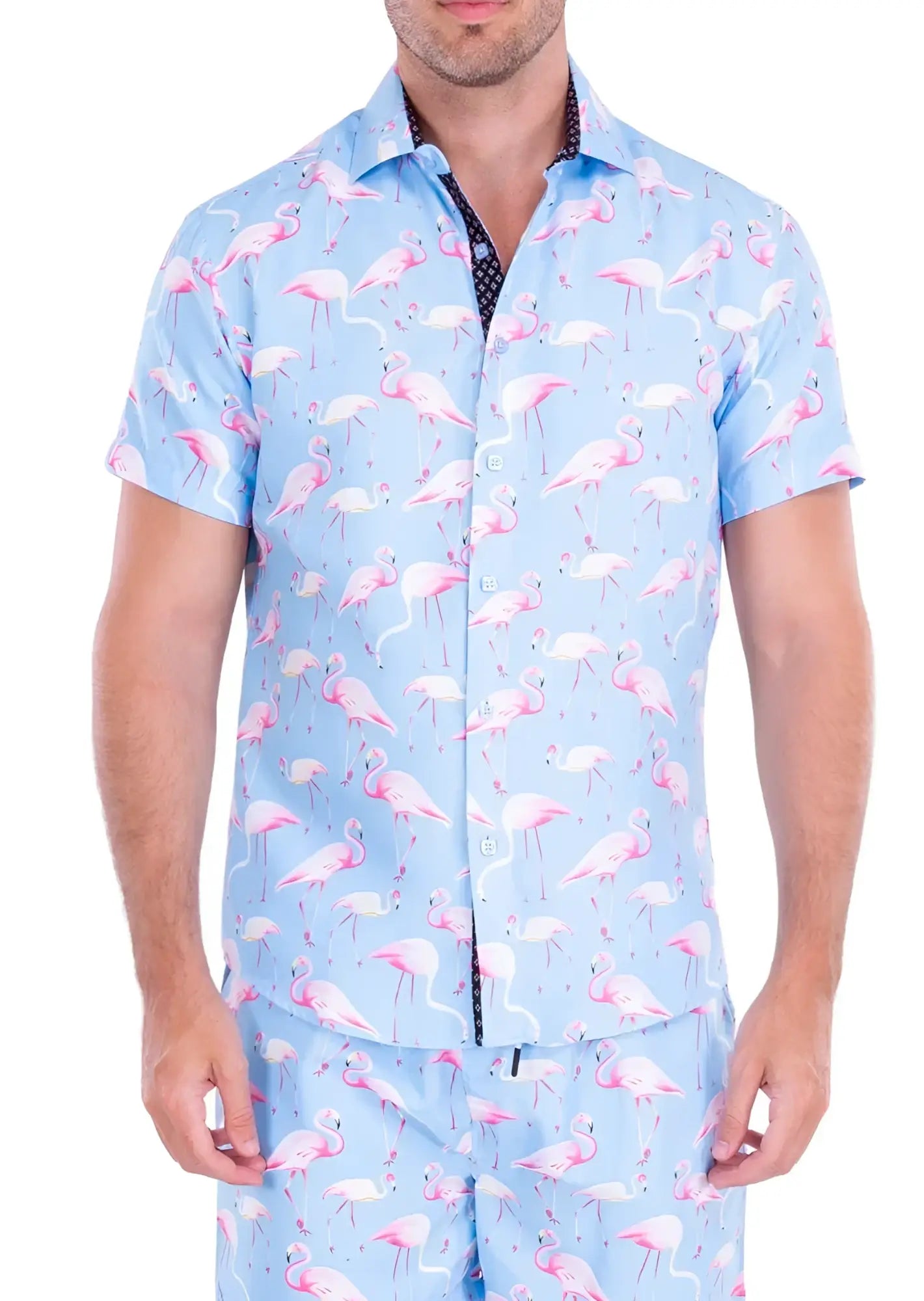 Light blue short-sleeved button-up flocktail hour s s shirt with pink flamingo pattern made from lightweight fabric