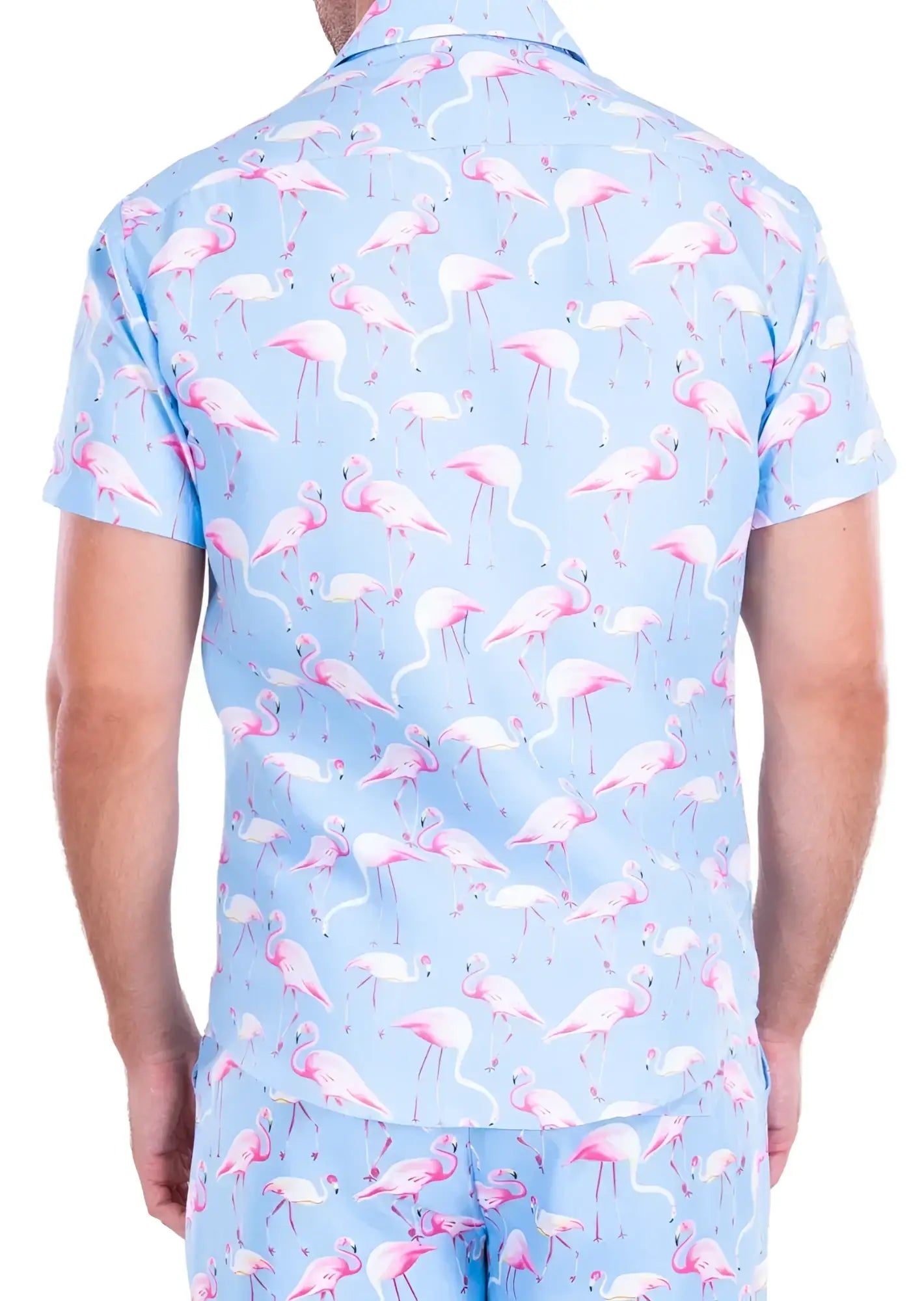 Light blue short-sleeved flocktail hour shirt with playful pink flamingo pattern perfect for casual wear