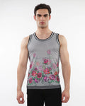 A men’s floral printed mesh tank with black and white polka dots and stripe ribbing featuring pink red and purple roses