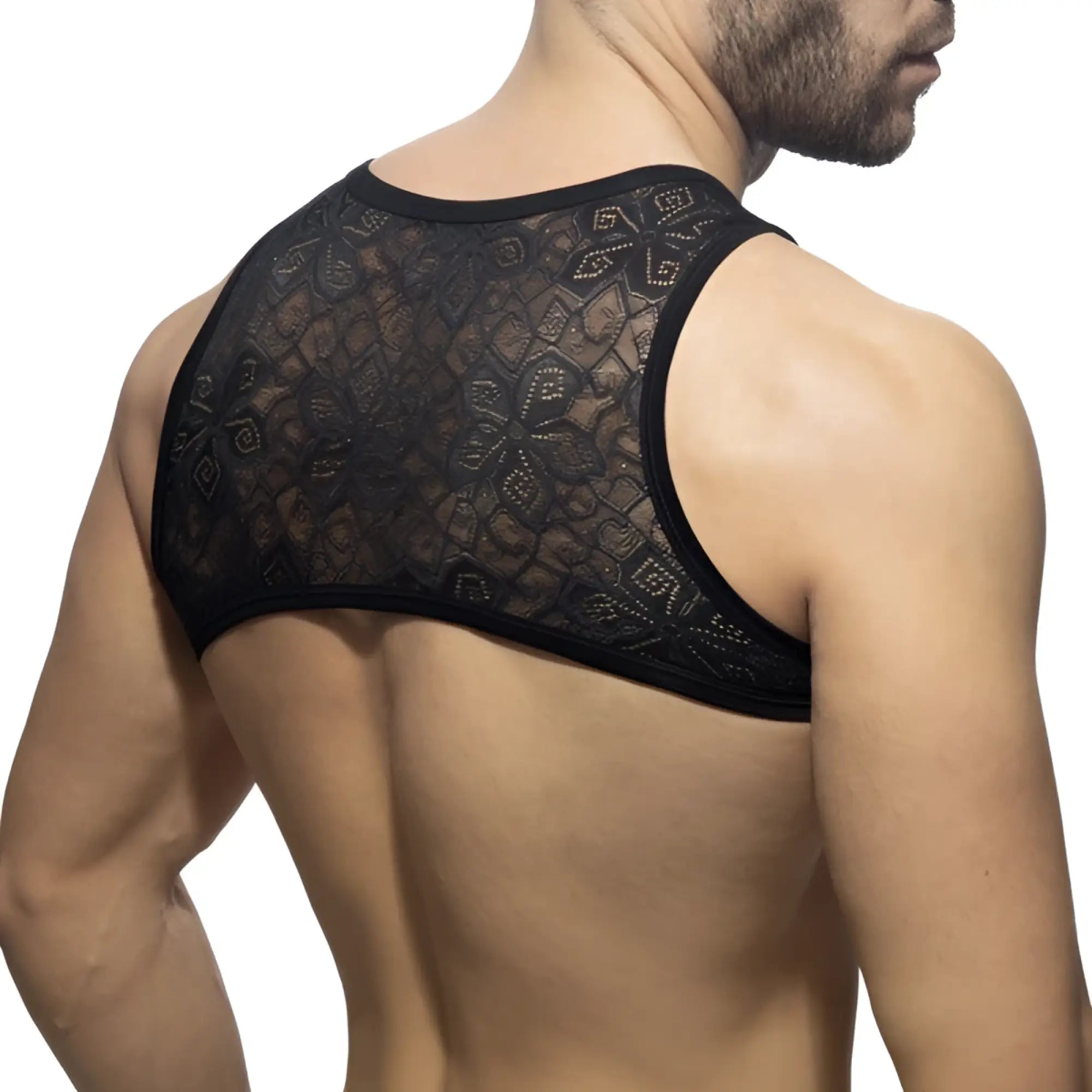 Black lace mesh backless top featuring intricate geometric and floral patterns from flowery lace harness collection