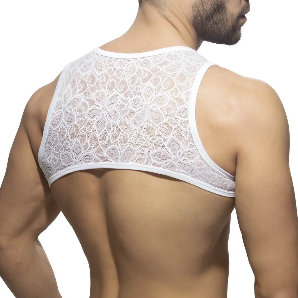 White floral lace harness tank top featuring intricate lace material and delicate floral design for stylish layering