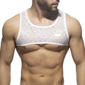 White lace tank top harness with floral pattern and solid white trim for stylish layering and comfort