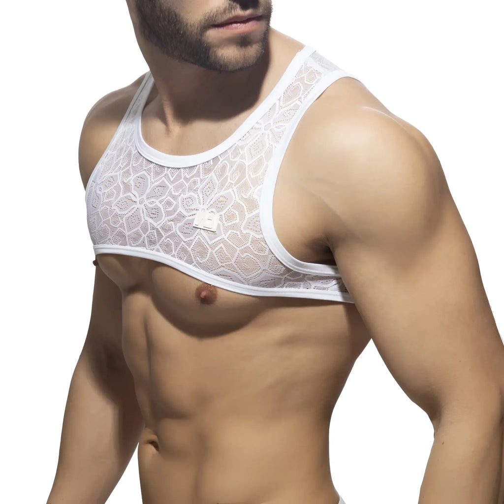 White lace tank top with floral pattern and thin straps called flowery lace harness for stylish layering