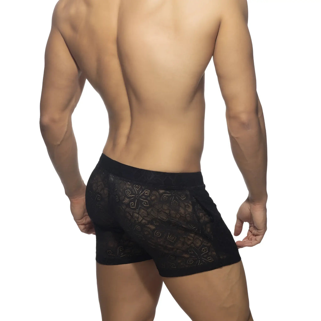 Black lace boxer briefs flowery lace short with intricate geometric pattern made from delicate lace fabric