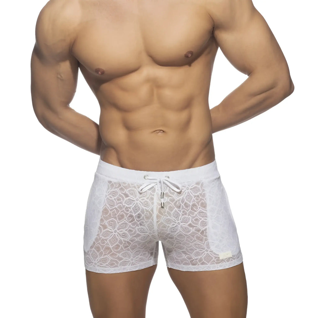 White lace-trimmed men’s briefs with floral pattern and drawstring waistband called flowery lace short