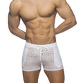 White lace-trimmed men’s briefs with floral pattern and drawstring waistband called flowery lace short