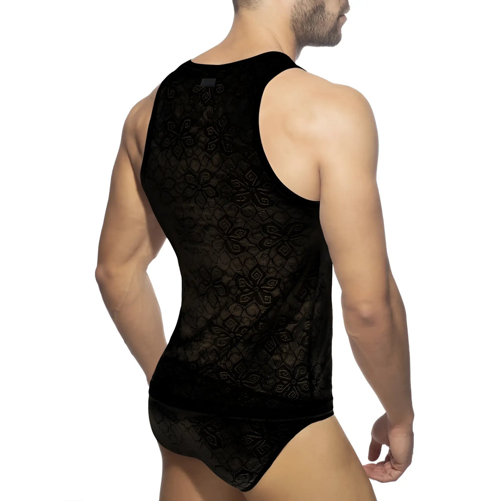 Black lace tank top with intricate floral patterns made of delicate lace for stylish and elegant wear