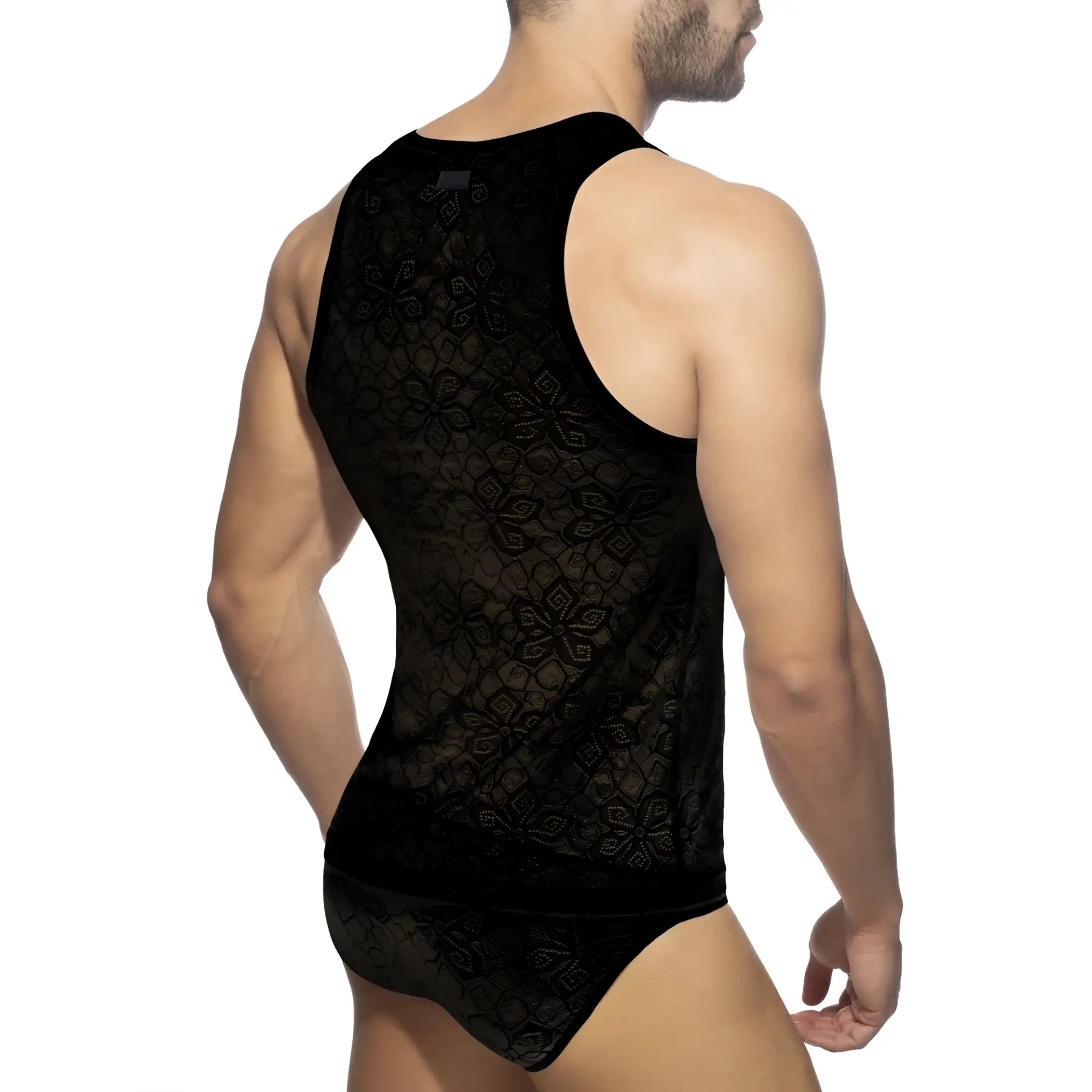 Black lace tank top with intricate floral patterns made of delicate lace for stylish and elegant wear