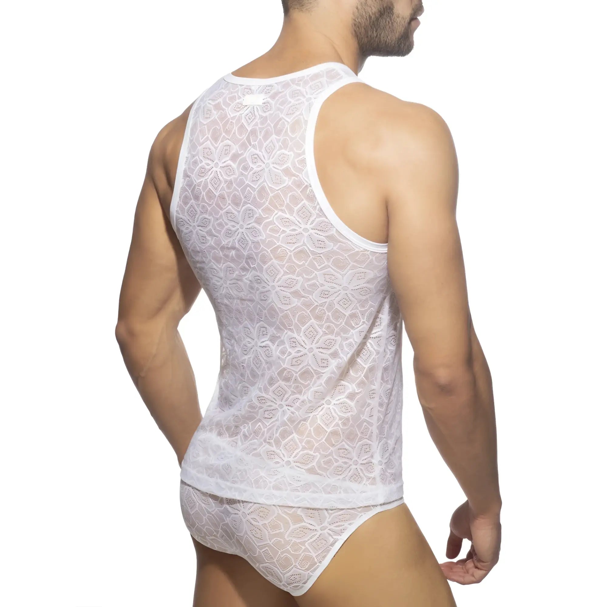 White lace tank top with floral pattern and matching briefs made of delicate lace fabric for feminine wear