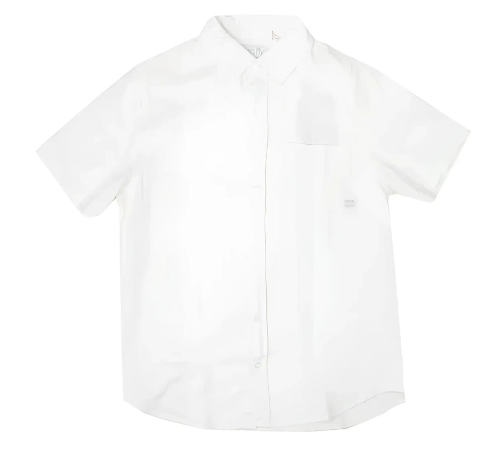A crisp white fly linen shirt with short sleeves classic collar and subtle texture ideal for warm weather
