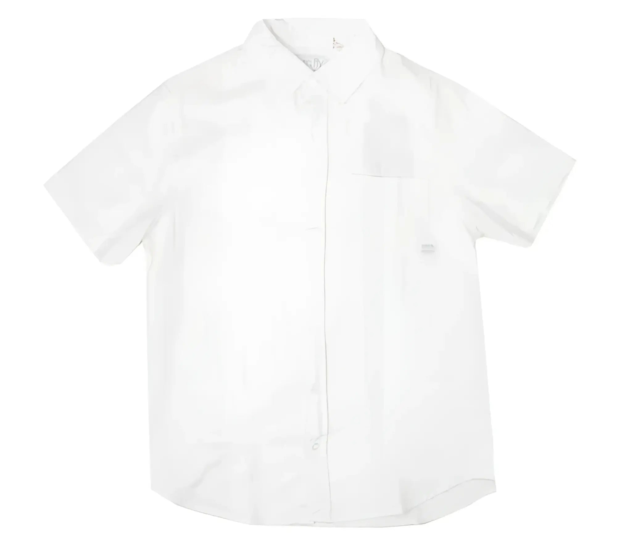 A crisp white fly linen shirt with short sleeves classic collar and subtle texture ideal for warm weather