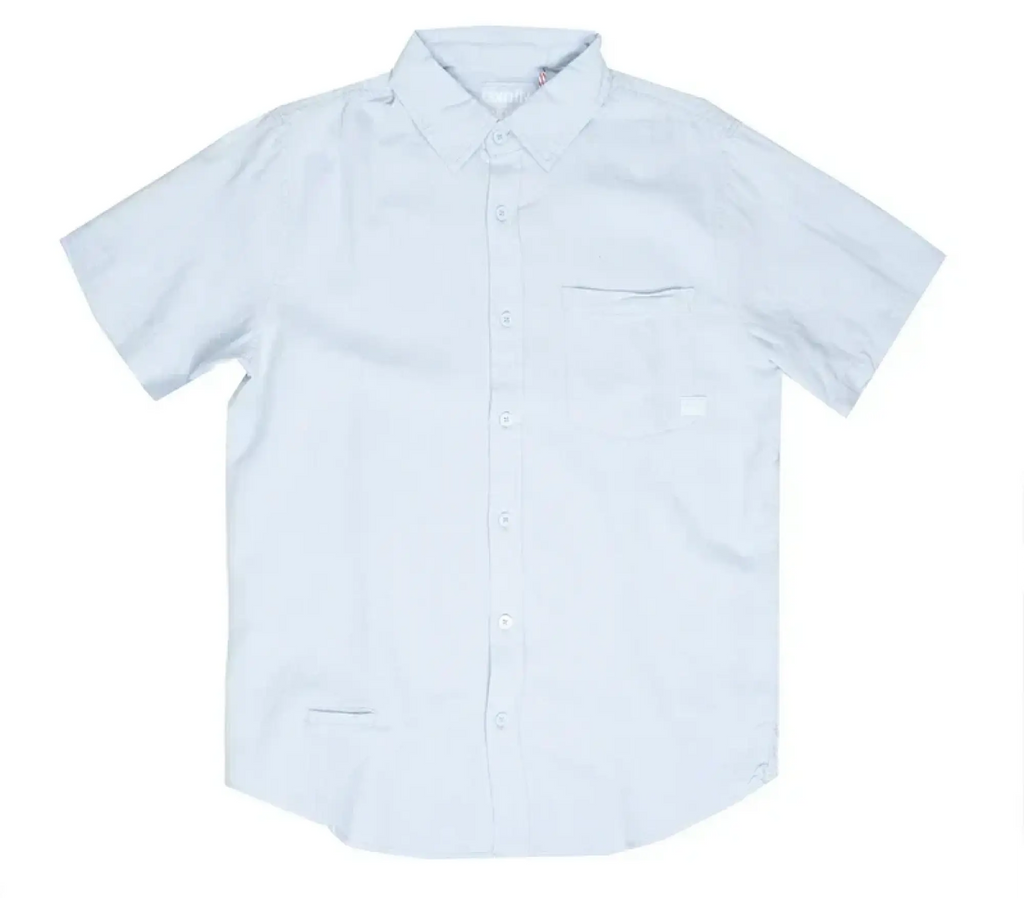 A crisp white fly linen shirt featuring short sleeves a classic collar and a chest pocket in breathable fabric