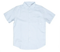 A crisp white fly linen shirt featuring short sleeves a classic collar and a chest pocket in breathable fabric