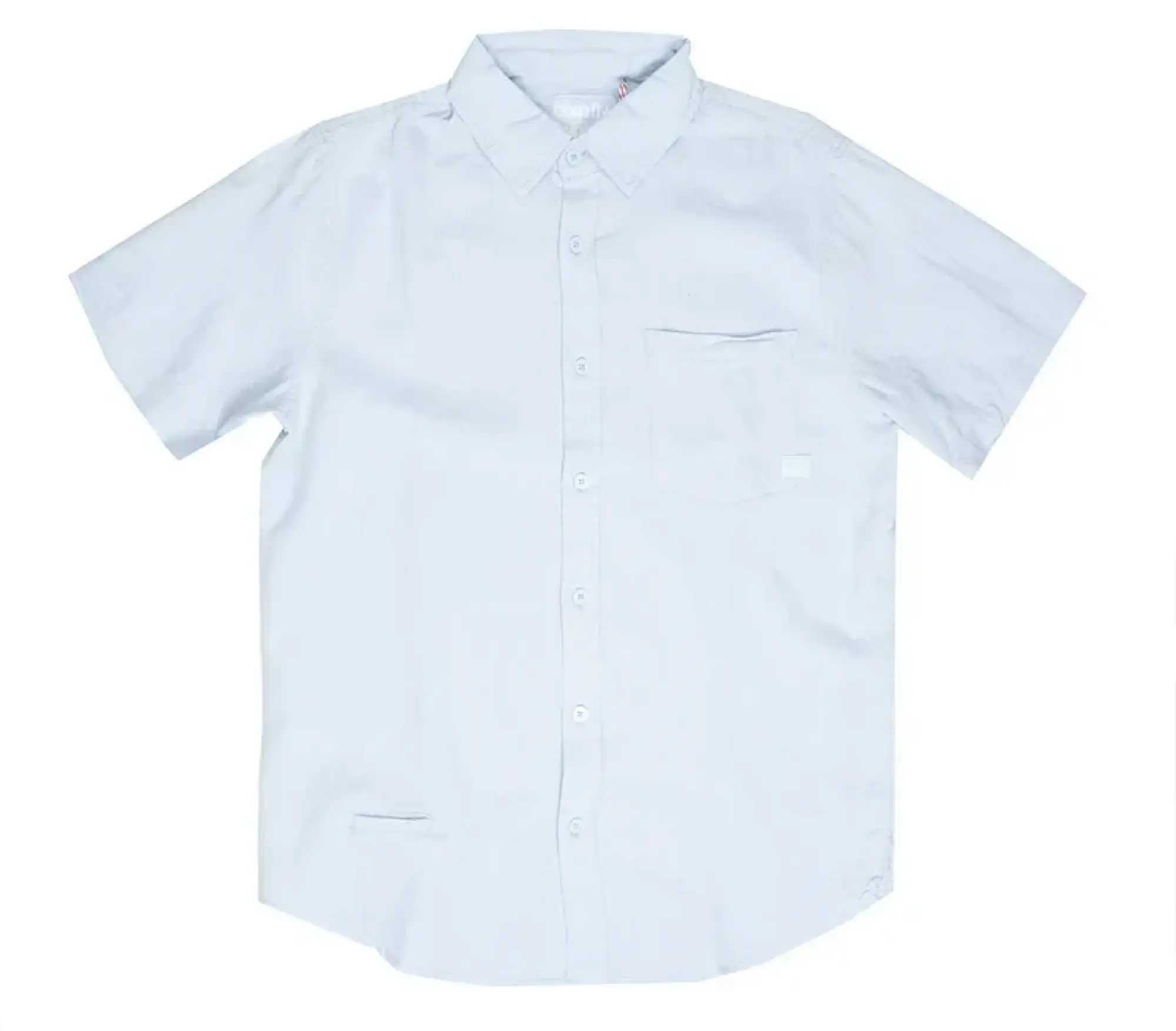 A crisp white fly linen shirt featuring short sleeves a classic collar and a chest pocket in breathable fabric