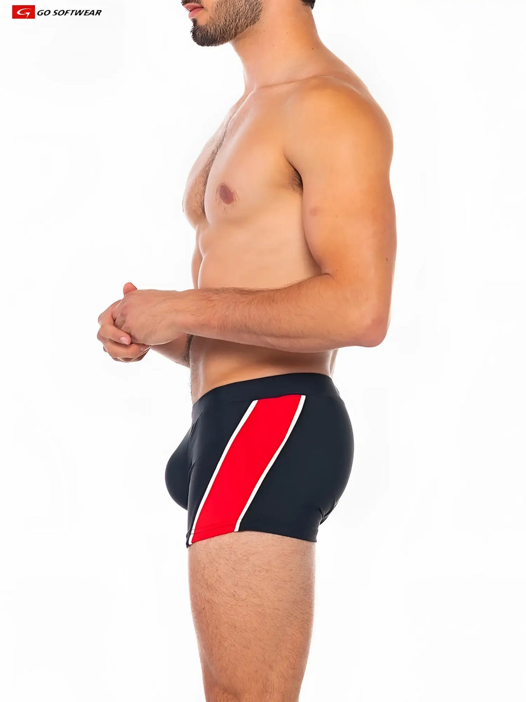 Black folsom sq-cut swim trunks with bold red and white diagonal stripes perfect for beachwear