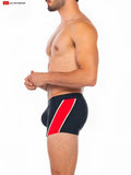 Black folsom sq-cut swim trunks with bold red and white diagonal stripes perfect for beachwear