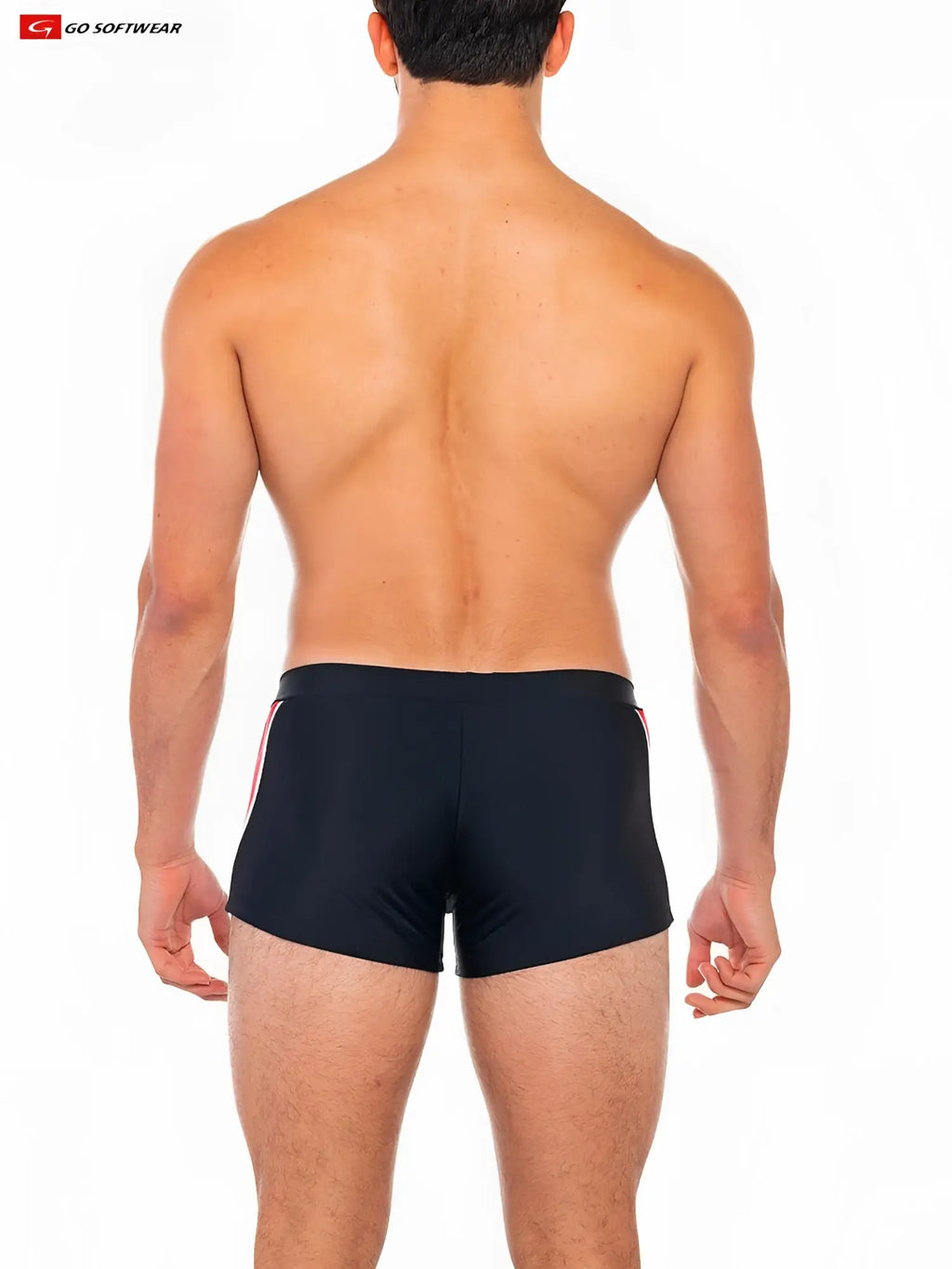 Black folsom sq-cut swim trunks with red and white side stripes designed for comfortable swimwear use