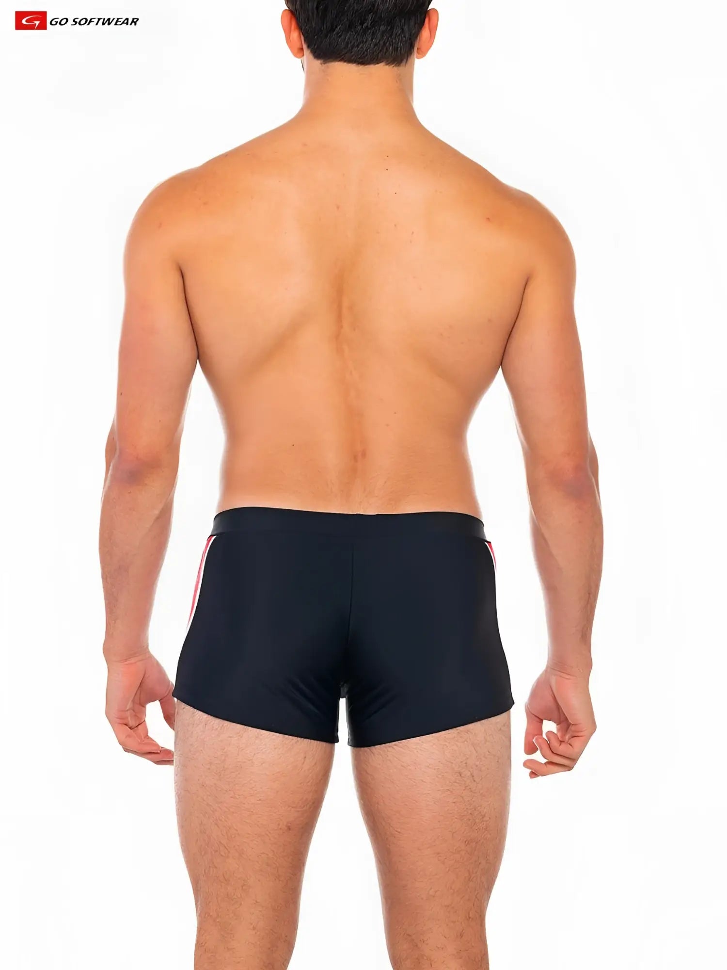 Black folsom sq-cut swim trunks with red and white side stripes designed for swimming and beachwear